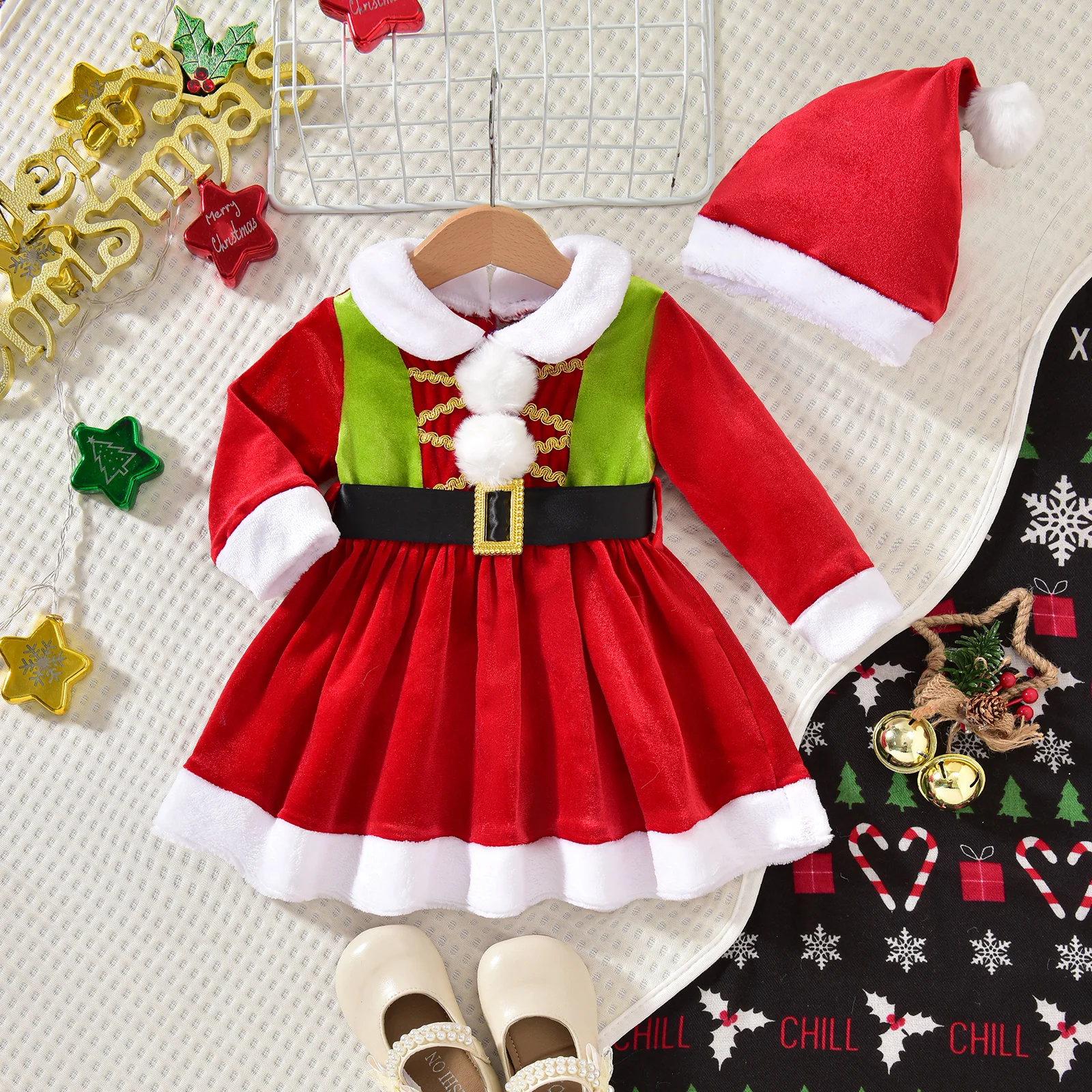 

Suefunskry Рождественские наряды для маленьких девочек, бархатный комбинезон с длинными рукавами и нечеткой отделкой + комплект шляпы Санта-Клауса, рождественская одежда для новорожденных