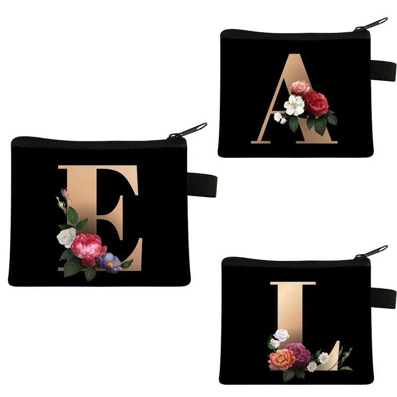 

26 Initials A-Z Letter Flower Coin Purses Women Wallet Kawaii Zipper Pouch with Money Key Earphone Fashion Mini Makeup Bags