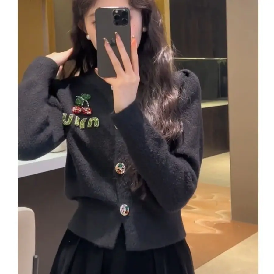 New Red Cherry Letter Embroidery Sweater Coat Spring Autumn O-neck Tops Women Y2k Long Sleeve Knitted Cardigan Korean Fashion