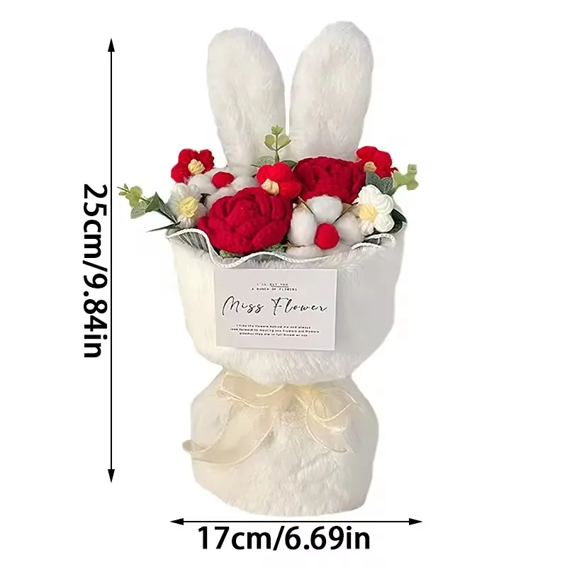 Cotton Rope Artificial Roses Bouquet Handmade Rabbit Ear Knitted Plush Flower Bundle Valentine Mothers' Day Birthday Gifts 1PC