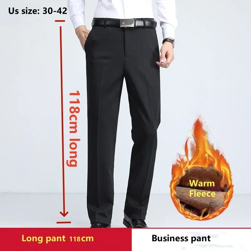 Fleece Warm Business Suit Pants Men Tall Men Thick Extra Long 118CM Lengthened Black Loose Straight High Waisted Formal Trousers