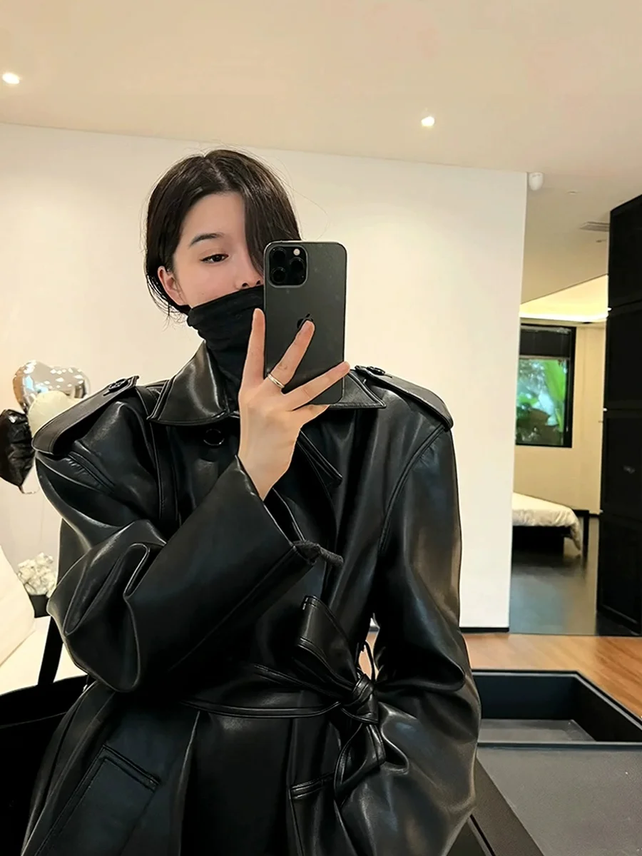 Bla – manteau en cuir mi-long pour femme, jupe cintrée à la taille, nouveau costume personnel robuste, automne