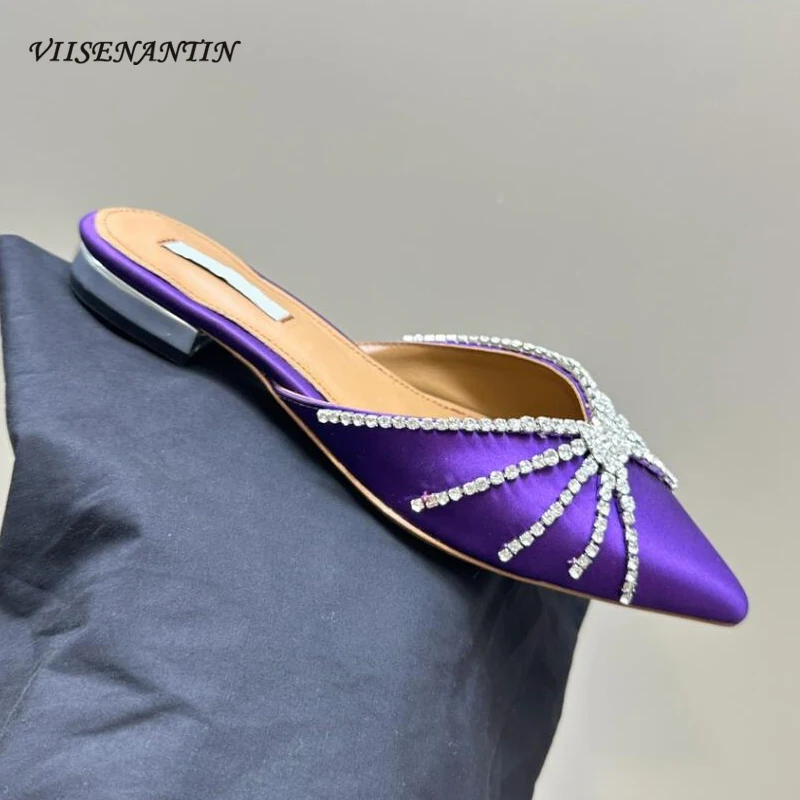 

Elegant Lady Candy Color Silk Flat Slipper Pointed Toe Crystal Chain Decor Women's Vacation Half Slippers Mules Shoes Large Size