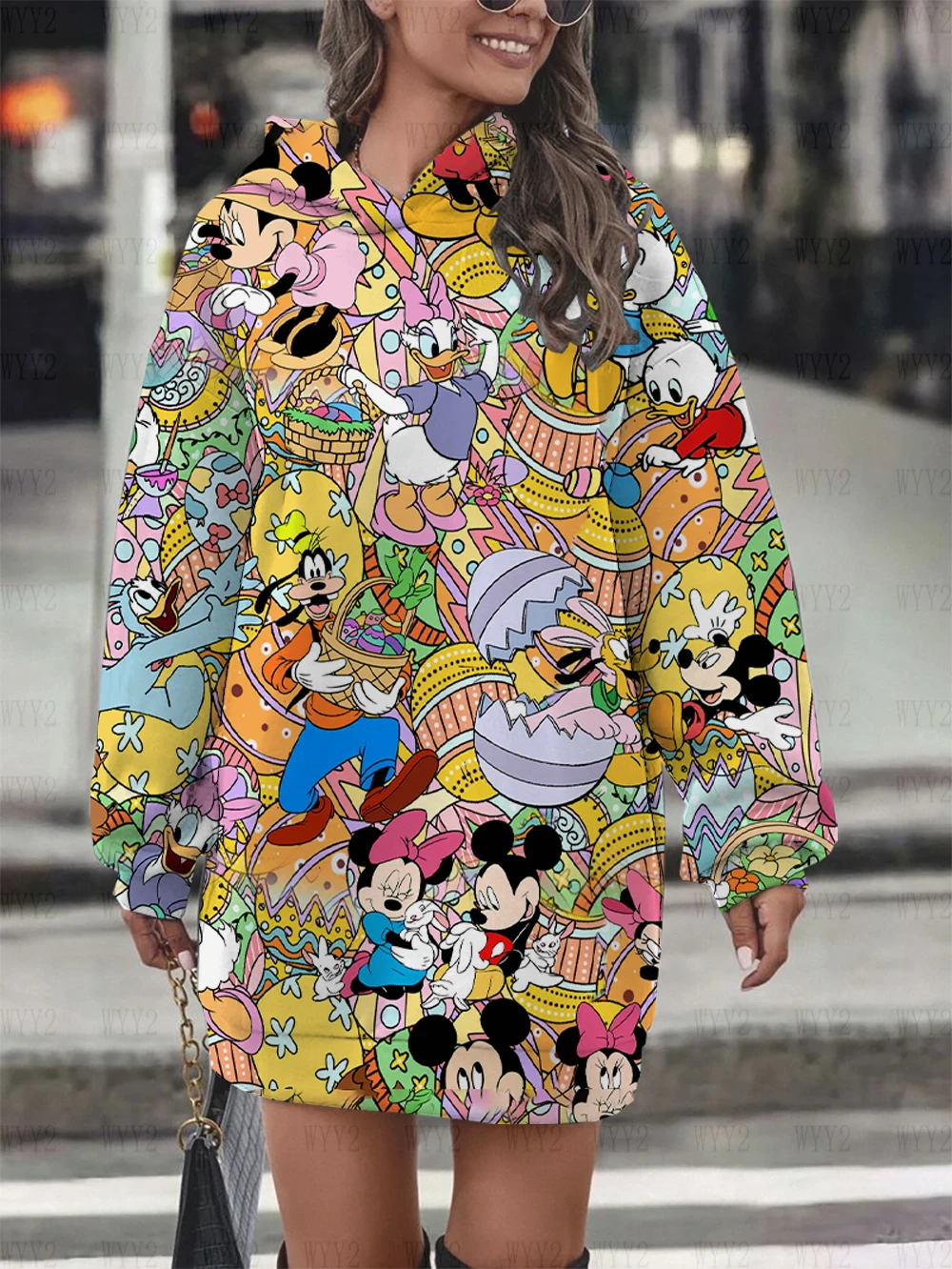 New Disney cartoon pattern series printed fashionable women 2024 loose hooded skirt dress retro hoodie