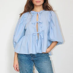 Womens Cute Y2K Puff Short Sleeve Peplum T-shirt Tie Front Lace Up Ruffle Babydoll Blouse Top Vintage Elegant Cropped Tees