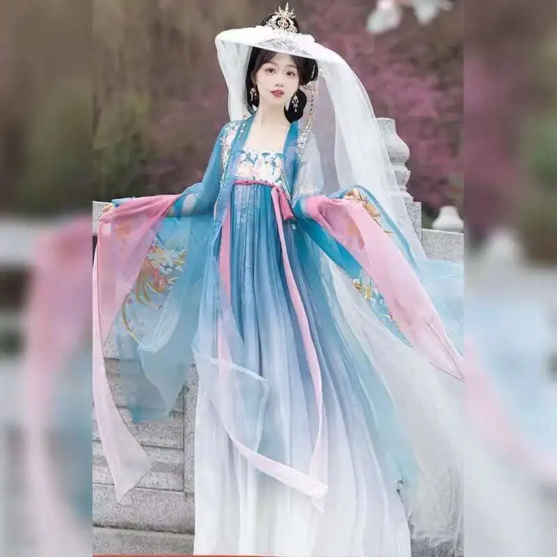 

Chinese Hanfu Dress Women Traditional Embroidered Gradient Blue Hanfu Carnival Cosplay Costume Party Outfit Hanfu Dress