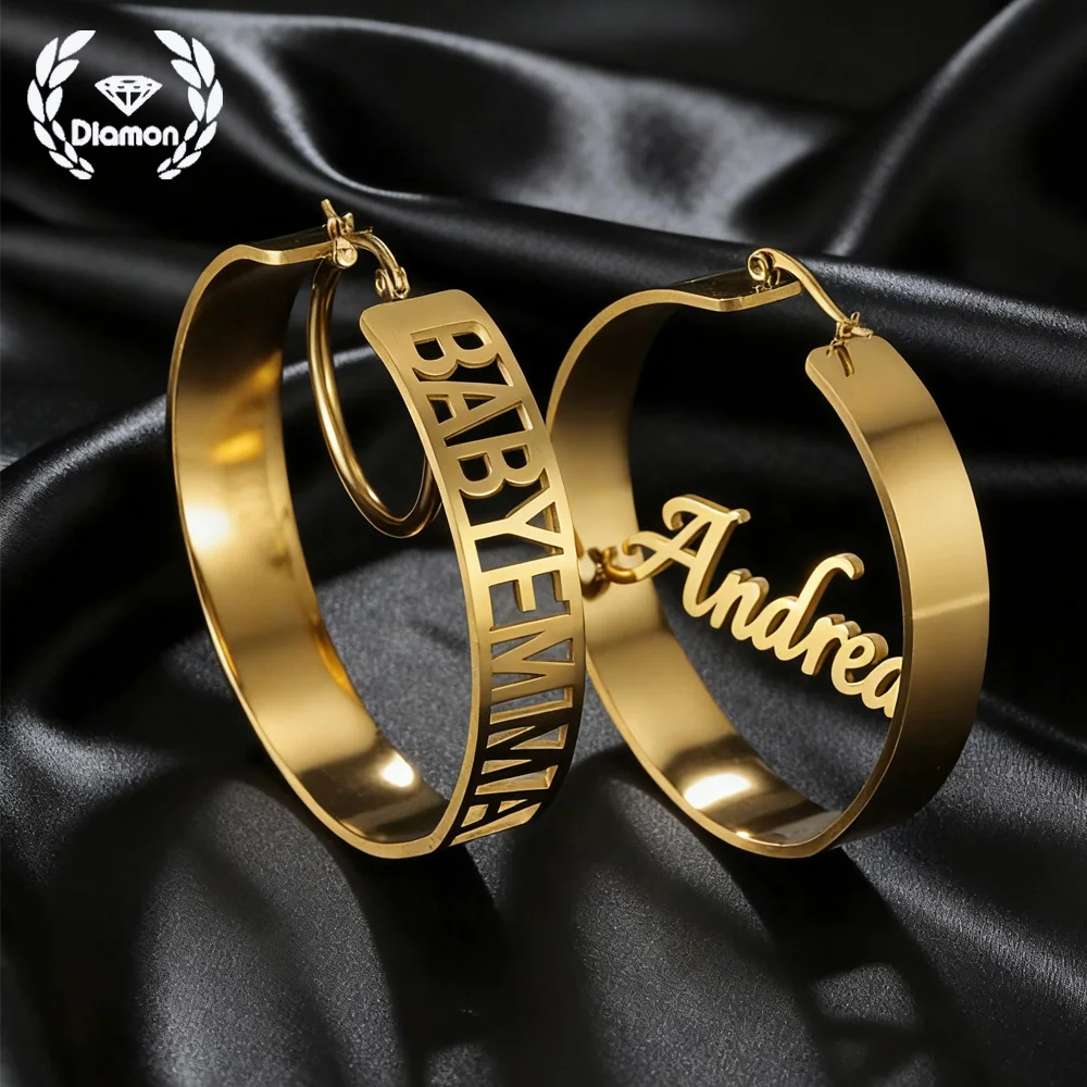 

Бриллиант 50 мм, персонализированные серьги с именем на заказ, ювелирные изделия из нержавеющей стали, сварочные пряжки для ушей, буквы для женщин, ювелирные изделия, подарок