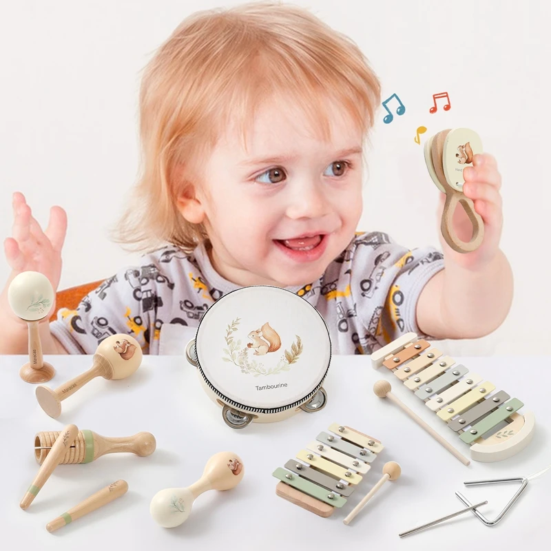 Instruments de musique en bois Montessori, jouets xylophone, hochet, tambour, bébé, illumination itude, cadeaux de Noël pour enfants