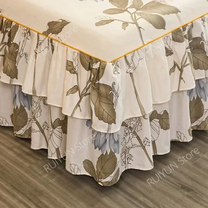 Printed Two Layers Bed Skirt Non-slip Mattress Cover Protector Soft Bedspread Bed Cover Bedroom Bed Skirt Bedsheet Bedding Decor