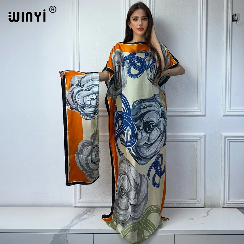 WINYI summer african Floral Print Crew Neck Long Sleeve Kaftan Dress, Elegant Maxi Length Dress, Women\'s Clothing