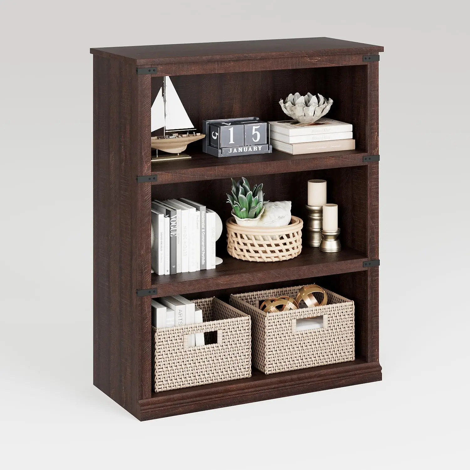 

3-Tier Farmhouse Bookcase with Storage, Wooden Shelf for Home Office Living Room Bedroom, Reddish Brown