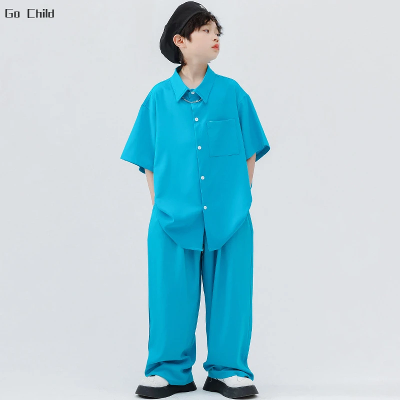 

Boy Hip Hop Blue Shirt Street Dance Loose Pants Clothes Sets Girls Cool Solid Blouse Outfits Child Streetwear Kids Jazz Costumes