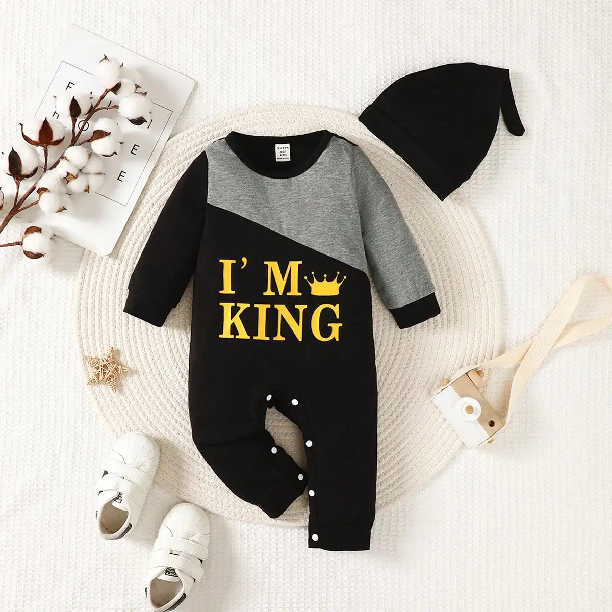 3-24M Baby Boy Soft And Comfortable I Am King Pattern Splicing Long Sleeve Jumpsuit Spring And Autumn