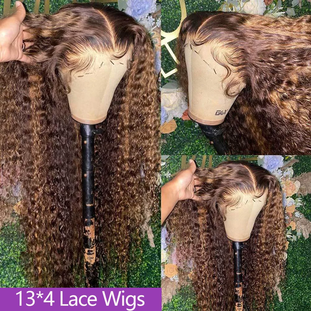 

30 Inch 4/27 Highlight Deep Wave 13x4 HD Lace Frontal Ombre Blonde Brown Colored High Density Water Wave Wig Brazilian Curly Wig