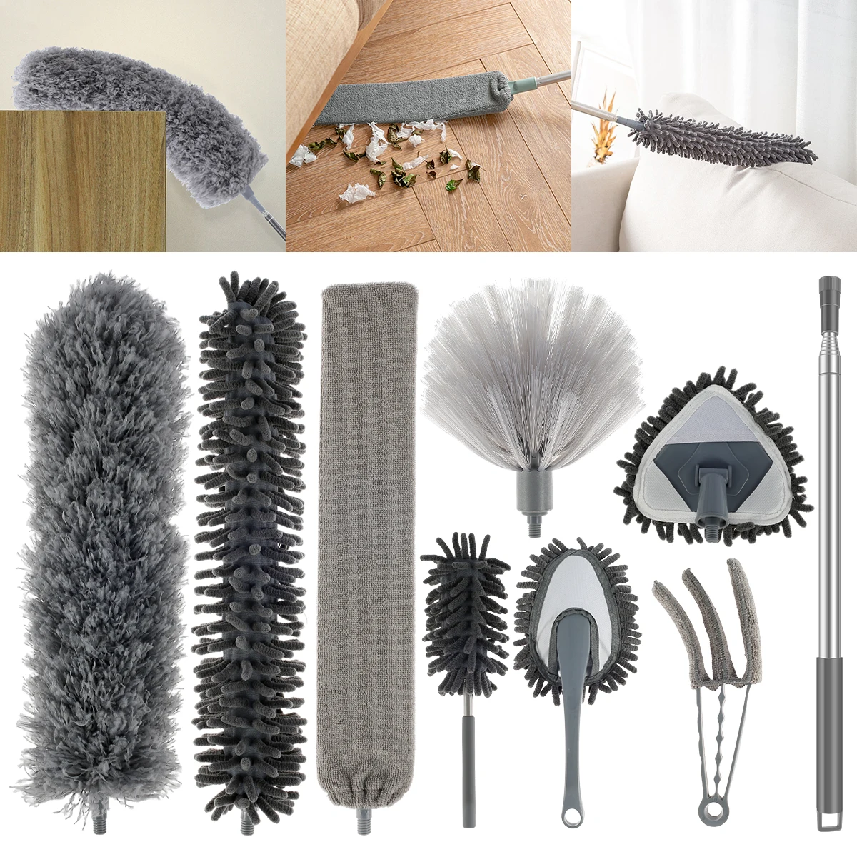 9Pcs Microfiber Feather Duster Brush Washable Household Cleaning Tools Set Extendable Telescoping Pole Bendable Chenille Dusters