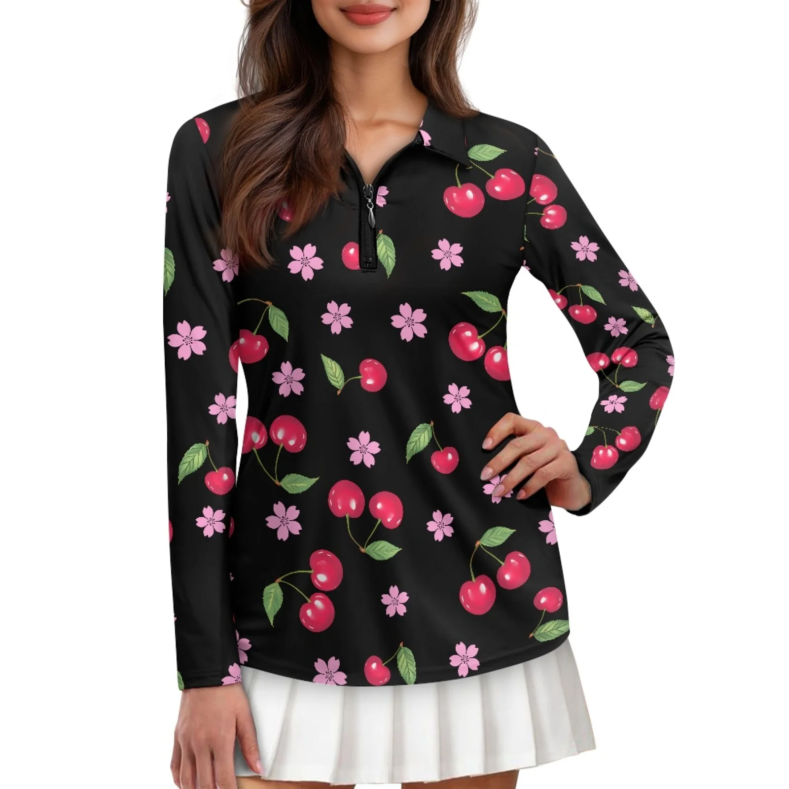 PENSTROLL Cherry Blossom Womens Quarter Zip Tennis Polo Shirts Long Sleeve Active Pullover for Pilates