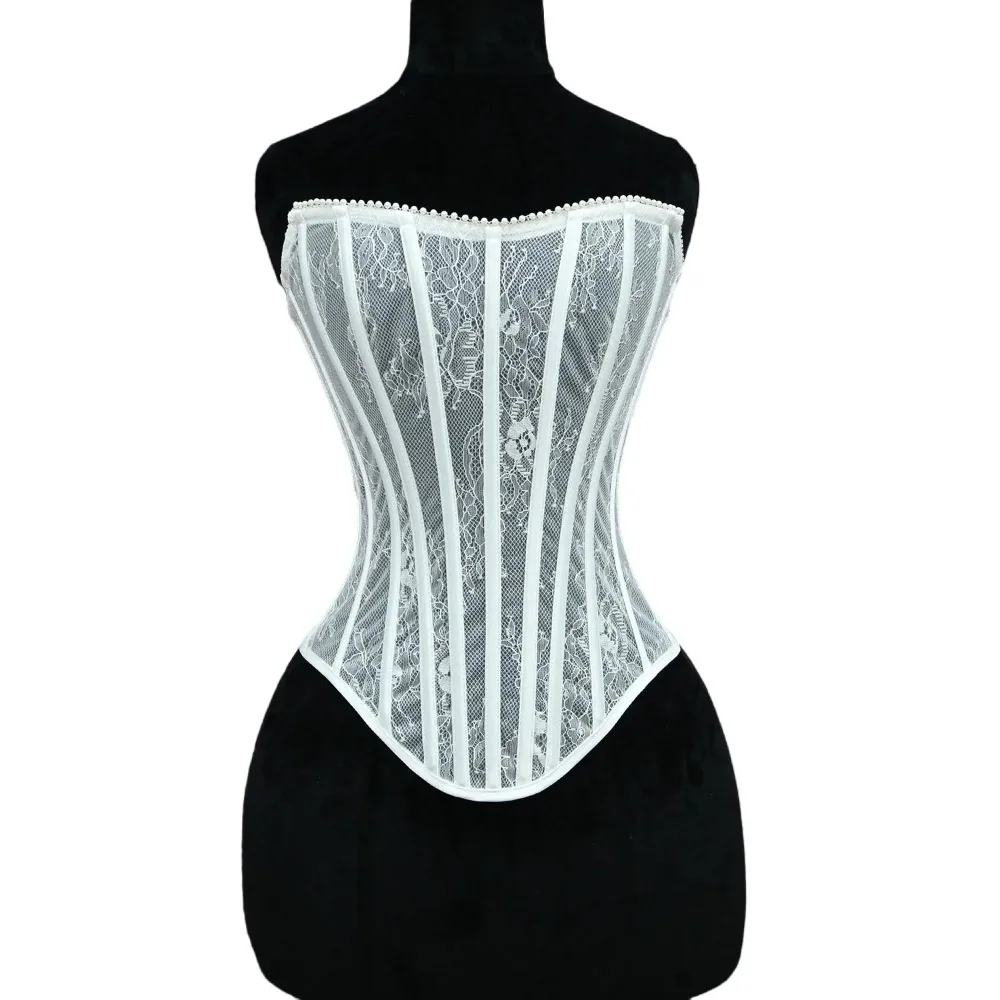 Women Overbust Corset Tops Transparent Mesh Bodices Lace Up Boned Waist Trainer Shaping Strapless Sexy Bustier view 3