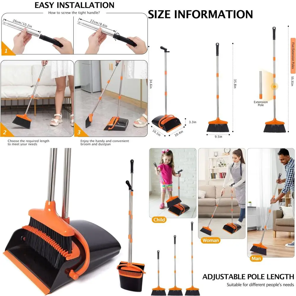 

Long-Handled Lightweight Stainless Steel Broom and Dustpan Set for Home, Kitchen, Office, Pet Hair, Black & Orange, 1-Pack