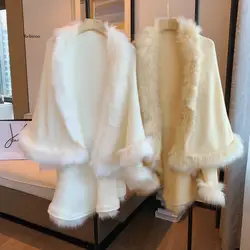 High Quality Autumn New Women Elegant Woolen Knitted Double-Layer Cardigan Imitation Fox Fur Shawl Poncho Cape Coat