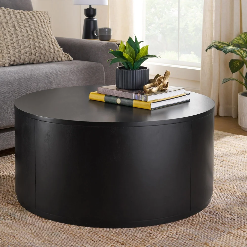 Miller Drum Round Coffee Table Black Engineered Wood Storage Solution Rustic Chic Modern Farmhouse Indoor Use Fully Assembled