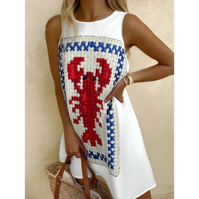 Robe de plage style Boho, Y2K, coquille esthétique, imprimé crabe, col rond, sans manches, coupe ample, courte, ligne a, débardeur, été 2025