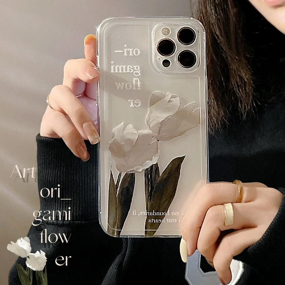 Vintage Pictorial White Flower Transparent Phone Case for iPhone16 15 14 12 13 11 Pro ProMax Plus Xsmax Shockproof Clear Cover