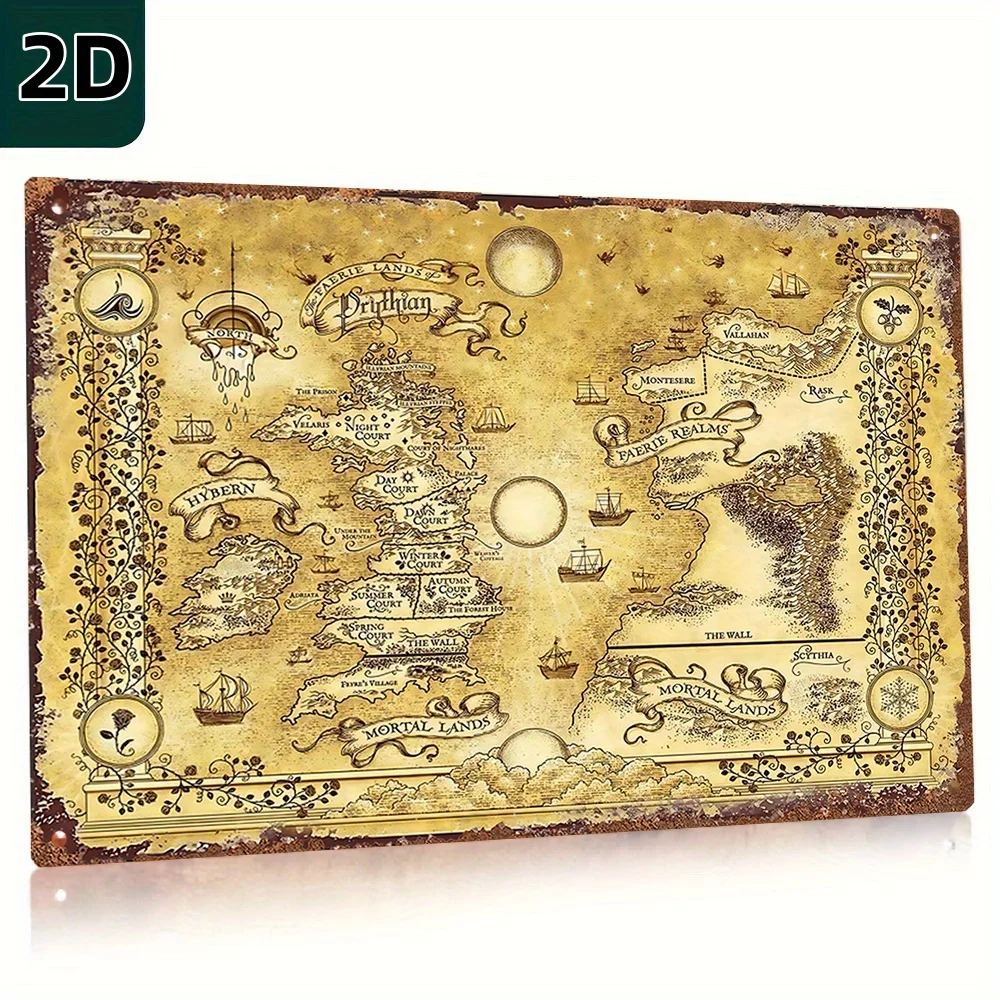 Letrero artístico de pared de metal vintage: una corte de espinas y rosas, mapa de fantasía, placa decorativa de hojalata con intrincados en tonos dorados D