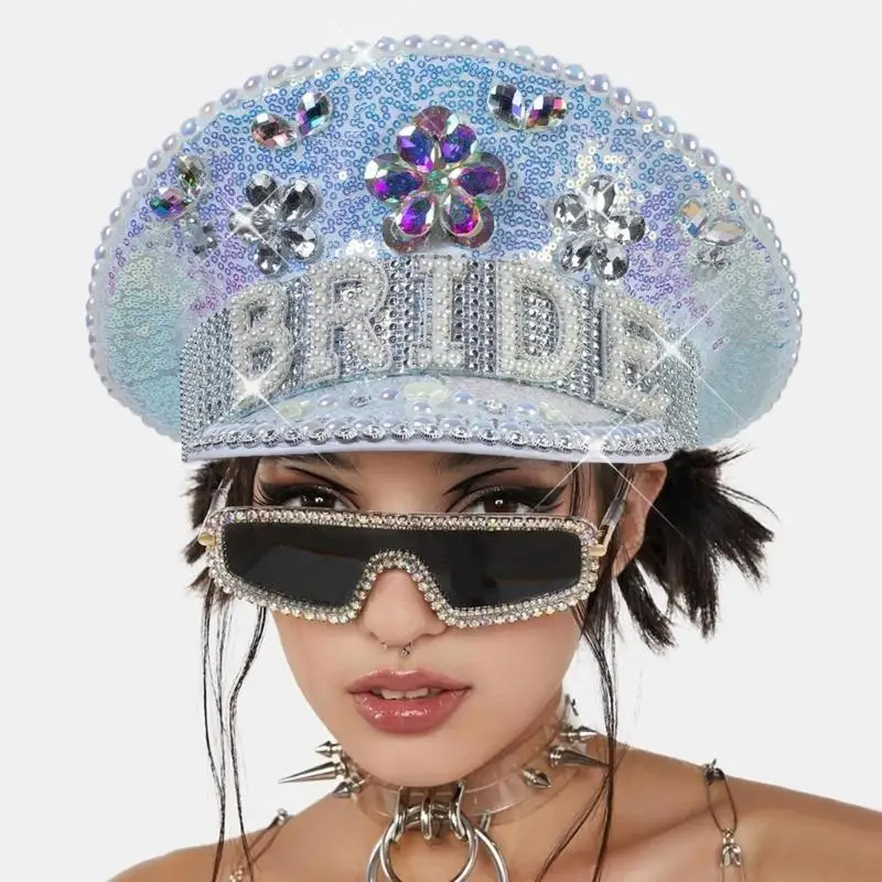 652F Jeweled Hat Glinting Crystal Heavy Pearls Captain Hat for Bachelorette Party