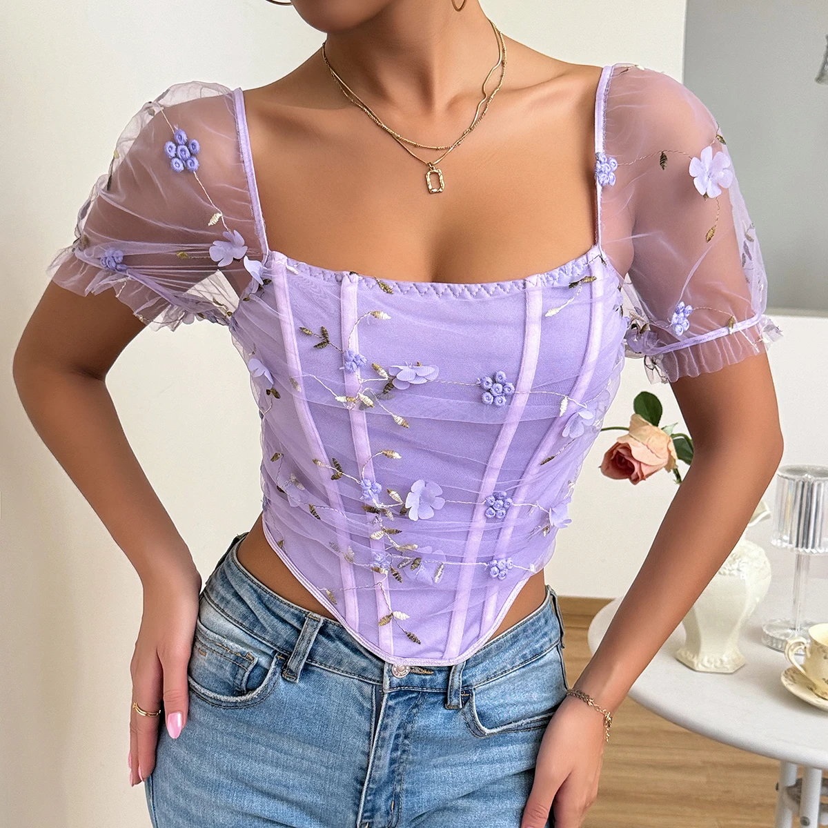 Sexy Embroidered Double Mesh Fishbone Corset Tops Slim-fit vest Street Style Butterfly Short Sleeve T-shirt Slim Crop Top Corset