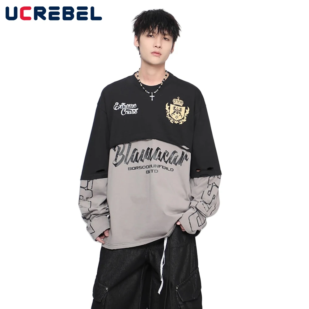 

Spliced Ripped Fake two-piece T-shirt Mens Letter Print Autumn Retro Hip Hop Streetwear Loose Long Sleeve Cotton Tee Man