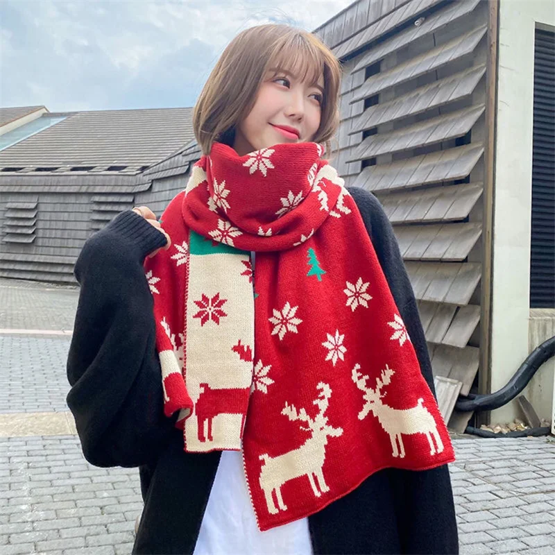 Christmas Scarf Women Fashion Warm Fawn Woolen Knitted Scarf Double-Sided Scarf Festive Red Dark Green Lovely Scarves Shawls