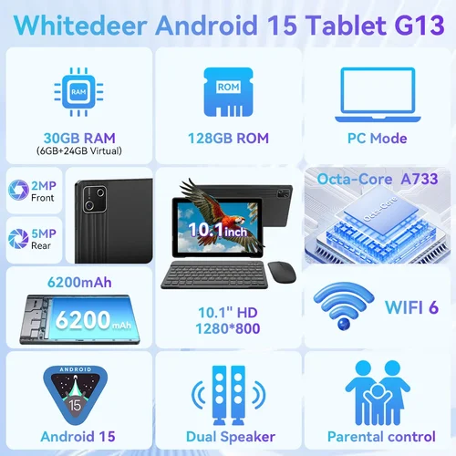 Imagen 2 del producto Tableta Android 15 de 10 pulgadas, 30GB de RAM, 128GB de ROM, 1TB, expansión, 6200mAh, 15W, carga rápida, certificado GMS, Widevine L1, cámara Dual WiFi6 BT5.4