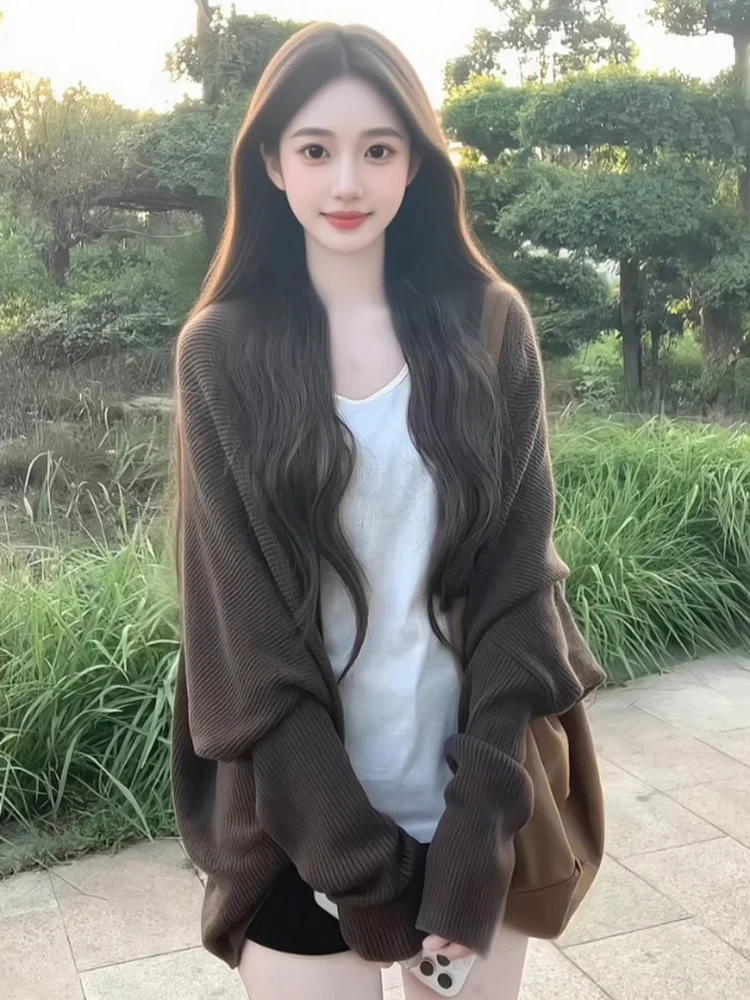 

Свободный вязаный кардиган женский осенний модный с рукавами «летучая мышь» повседневный в корейском стиле, однотонный, из полиэфирного волокна