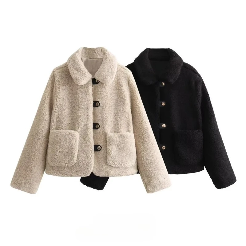 

Autumn Winter New Women Clothing Lapel Pocket Decoration Scratching Jacket Female Thickened Coat