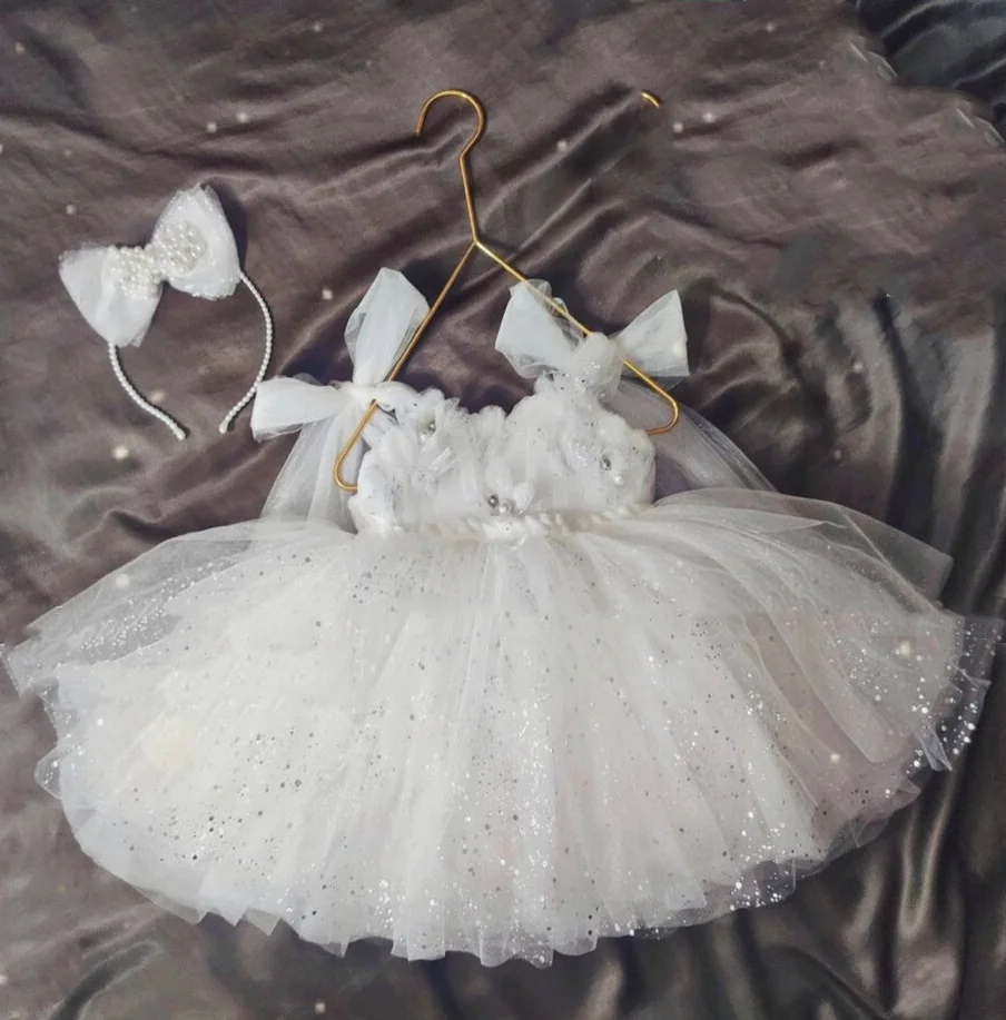 

New White Glitter Baby Girls First Birthday Dress with Bow Wedding Flower Girl Dress Infant Toddler Tutu Outfit 12M 24M