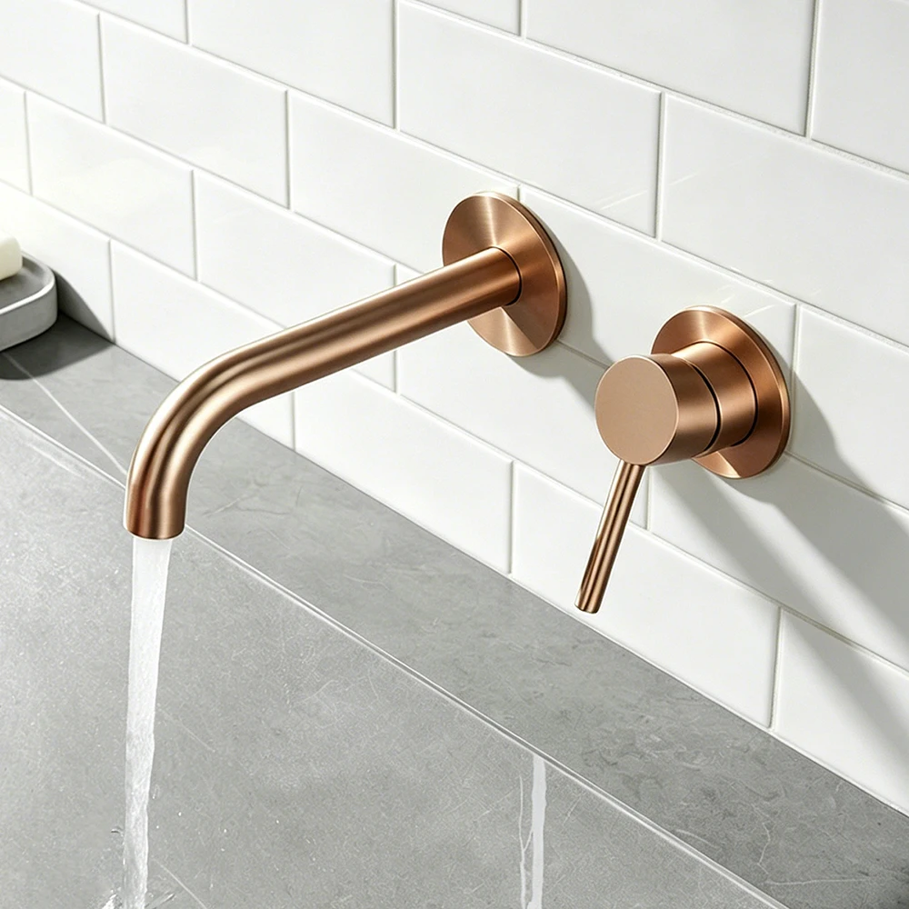 Wall Mounted Single Handle Bathroom Sink Faucet Brushed Rose Gold Minimalist Basin Faucet