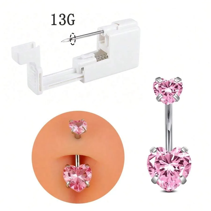 14G CZ Navel Piercing Kit, Includes Navel Ring, Piercing Gun, Sterile Piercer, Heart-Shaped Pink CZ Navel Ring & Piercing Tool
