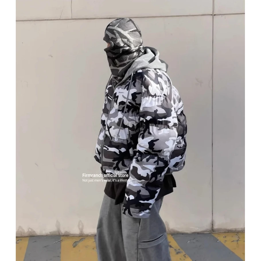 Jaket Berlapis Kapas Firmranch Snow Camouflage Reversible Untuk Pria Wanita Musim Dingin Berkerudung Tebal Model Bread Coat Gaya High Street