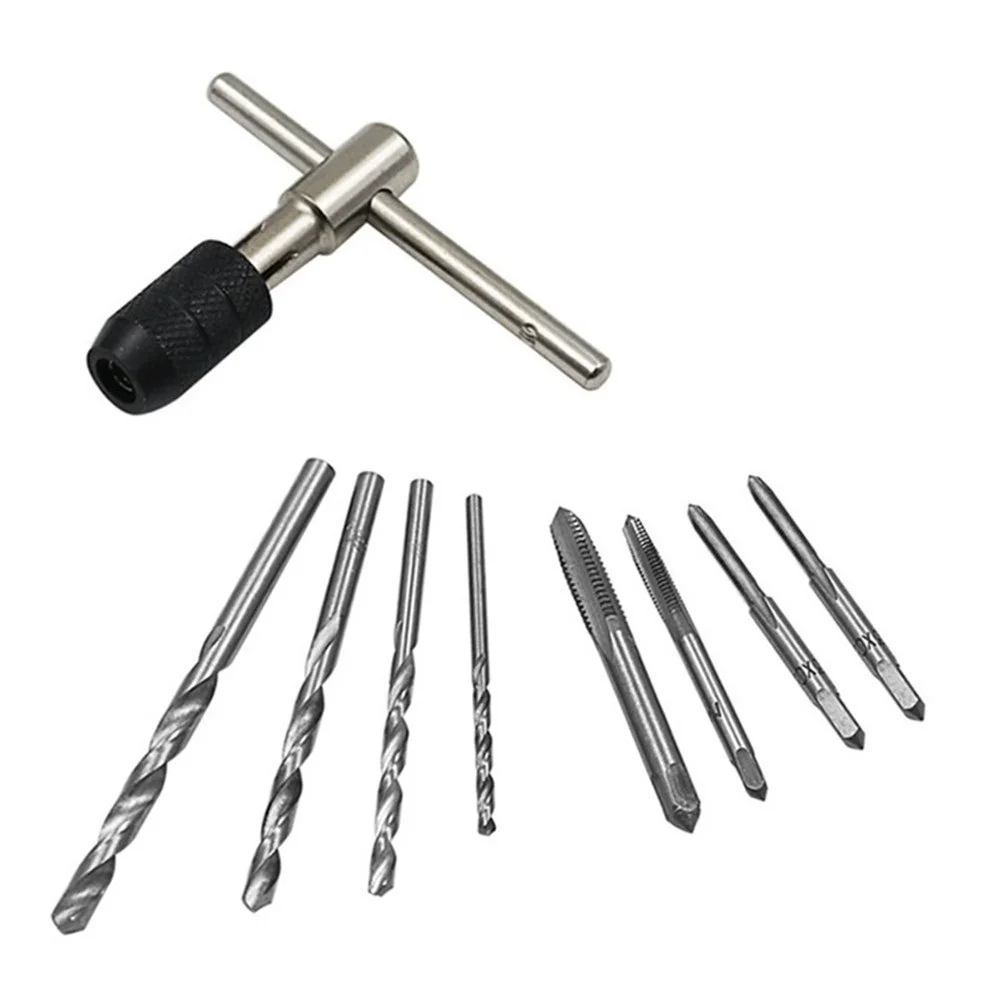 Adjustable T-Handle Tap Wrench 9pcs Set M5 M6 with 4 Metric Screw Taps and 4 Drill Bits for Precision Threading Work view 5