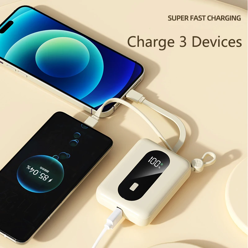 20000mAh Power Bank Fast Charging External Battery Powerbank Built Cables for iPhone 15 14 Android Mobile Phone Portable Charger