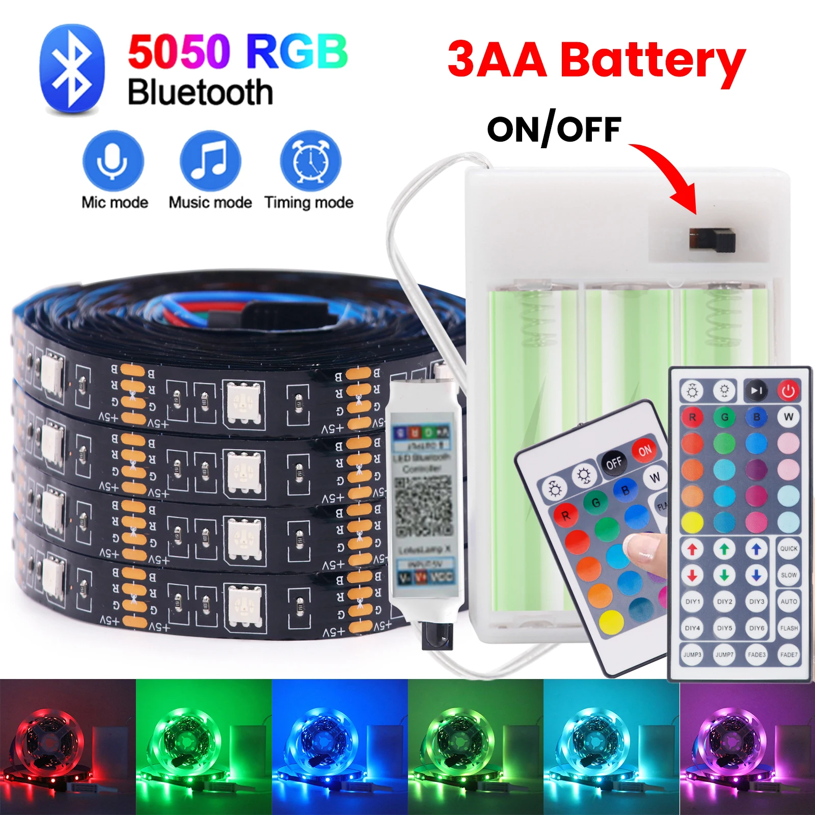 TV 배경 야간 조명 장식용 RGB LED 스트립 조명, 유연한 LED 테이프, 방수 LED 리본, 3AA 배터리 5050, 5V 블루투스