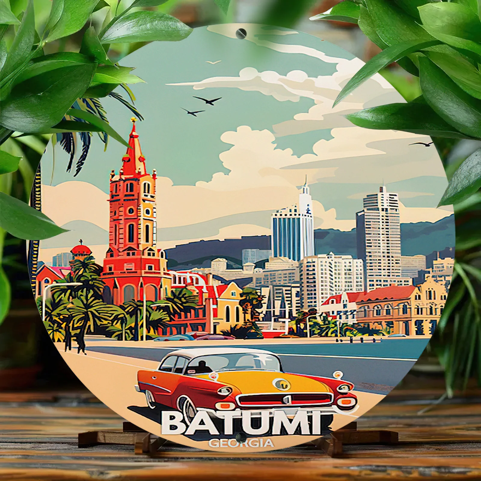 1pc Batumi Georgia Themed Aluminum Metal Wall Art - 8x8 Circular Cityscape Sign with Vintage Car & Landscape - Waterproof, UV,
