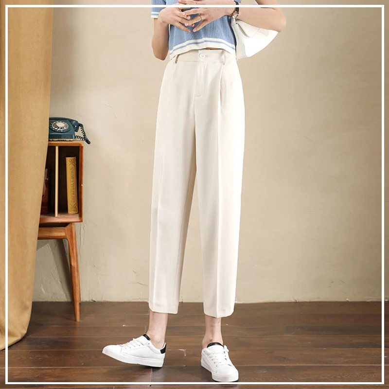 2024 New Summer Casual Loose Oversize Minimalist Commuting High Waisted Slimming Pocket Solid Color Versatile Cropped Pipe Pants