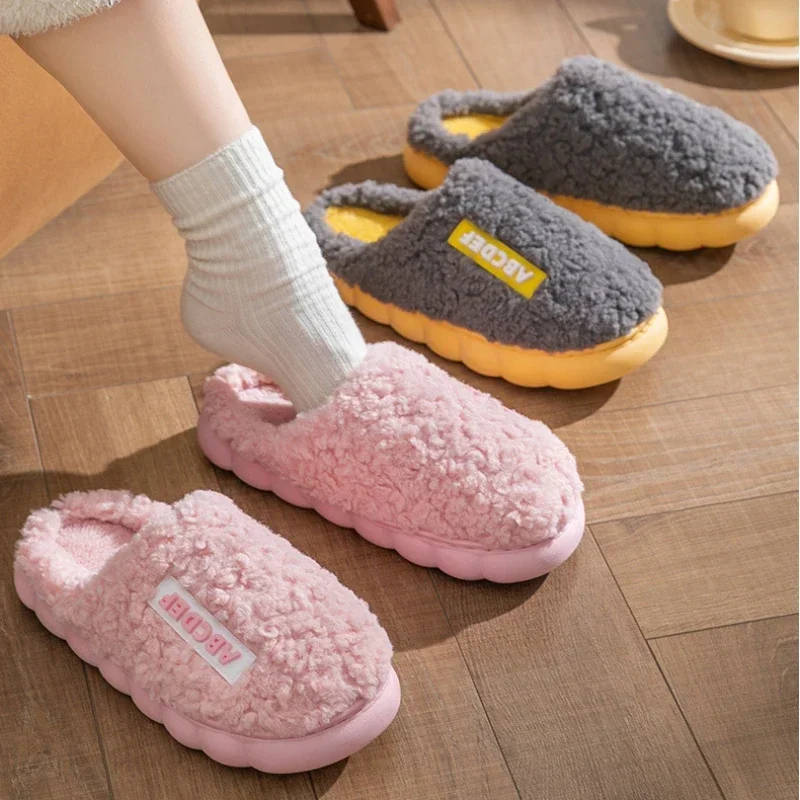 Warm Plush Winter Shoes Men Women Indoor Slippers Letter Anti-slip Soft Fur Couple Home Floor Cotton Slipper House Shoes 2023