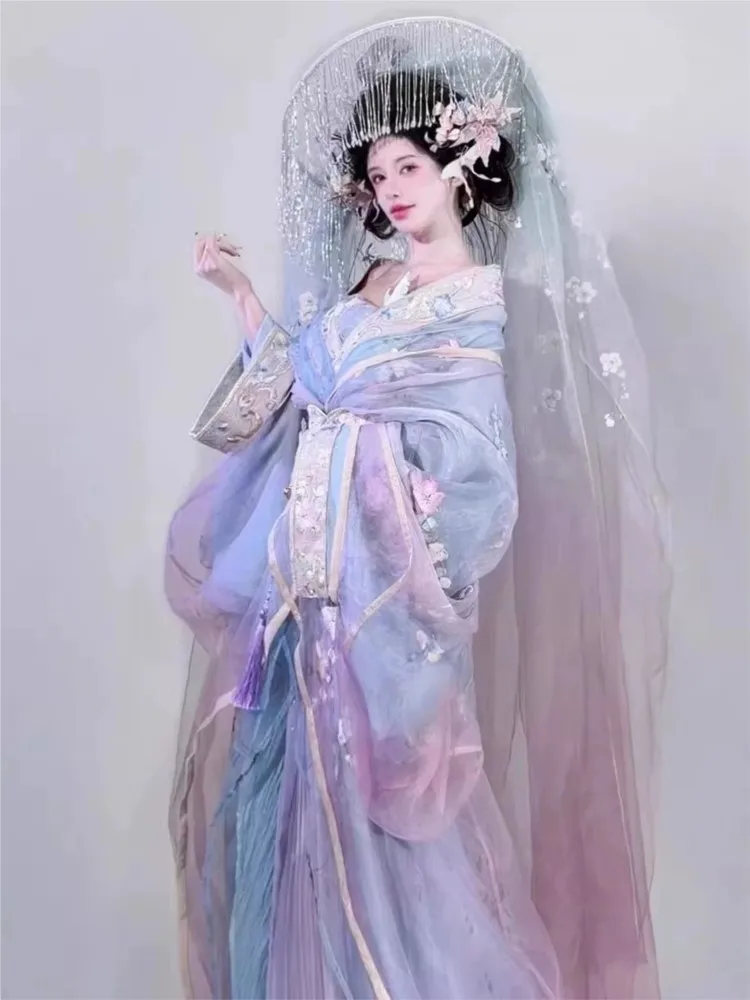 New purple robe Hanfu set for women with a cross-collar and heavy embroidery in an ancient style