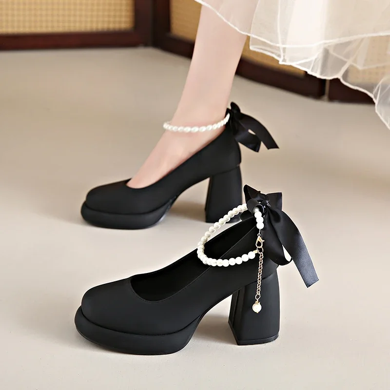 Women's Luxury Mary Jane Platform Shoes 2025 Spring New Pearl Bow Shallow Comfort Thick High Heel Shoes Pumps Zapatos De Mujer