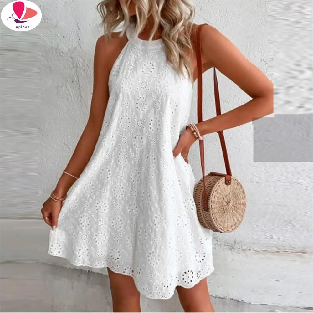 

APIPEE Women's Mini Dress 2024 Summer Casual O Neck Sleeveless A-line Dresses Female Holiday Beach Party Loose Dresses Vestidos