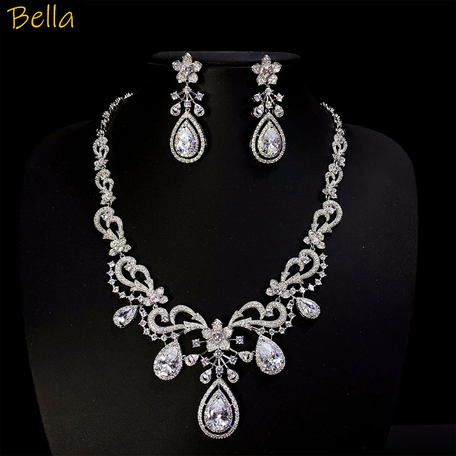 

vintage sparkly Jewelry Set Bridal Wedding Engagement luxury Jewelry White Zirconia Flower necklace earrings anniversary Gift
