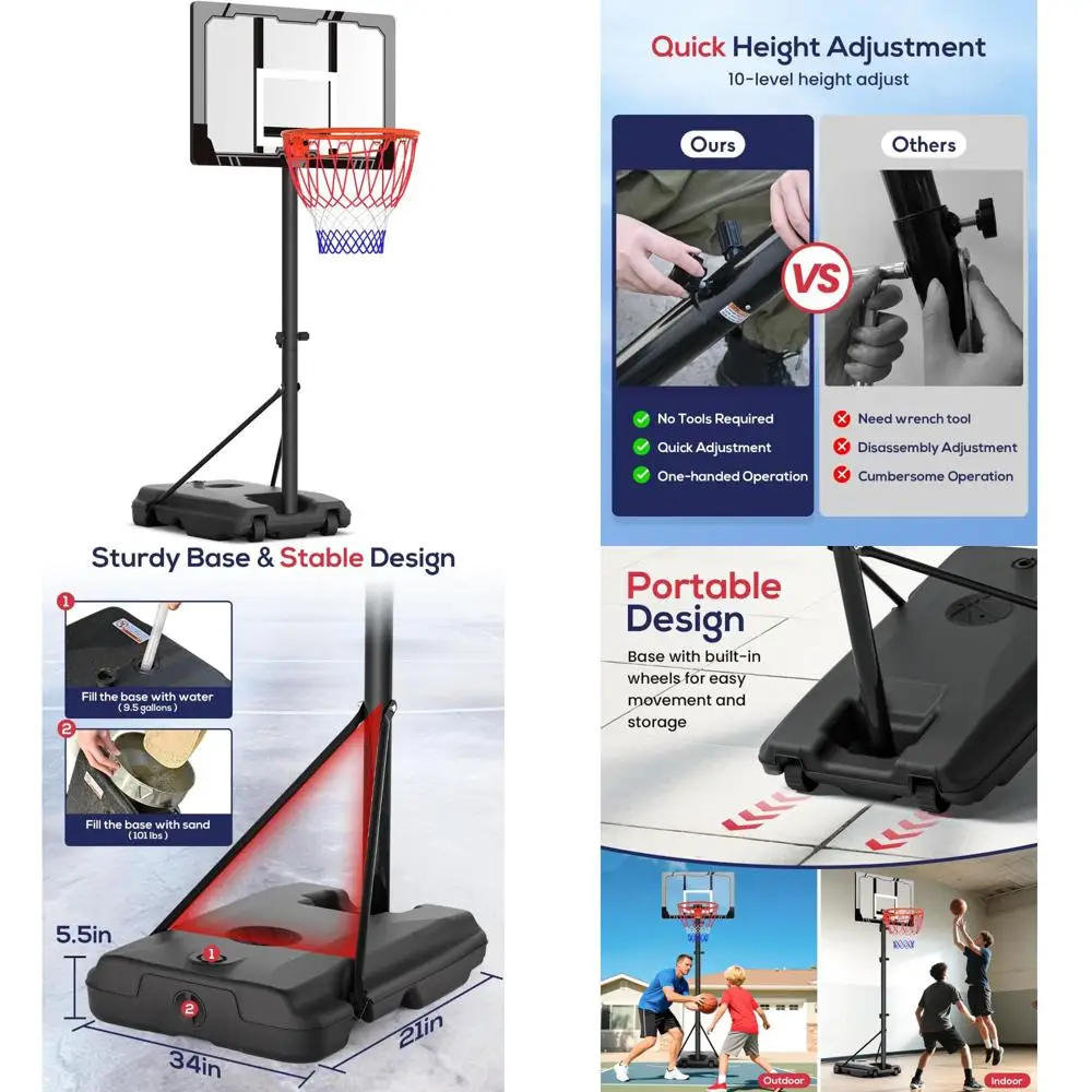 Cesta de basquete portátil externa ajustável para crianças de 4 a 10 pés, objetivos de tabela inquebráveis de 33-44 polegadas