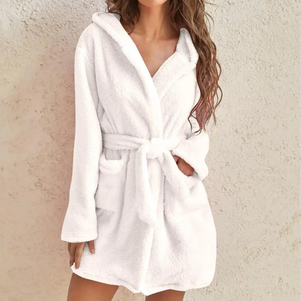 Solid Color Warm Winter Robes For Women\'s 2024 Plush Pajamas Robes With Belt Female Hooded Homewear Bathrobe Sleepwear Clothing